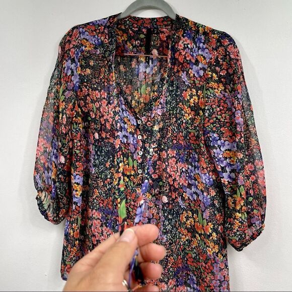 Bellatrix | floral  long sleeve Blouse Small , sheer, tie neck, multicolored - Picture 3 of 11